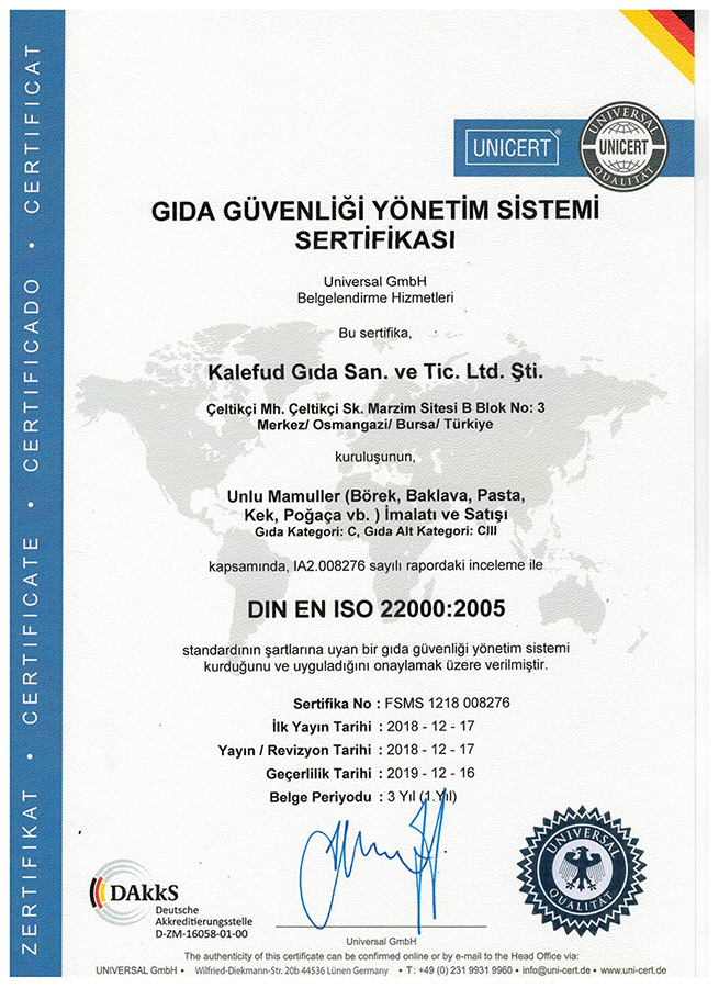 Gıda Güvenliği Yönetim Sistemi Sertifikası